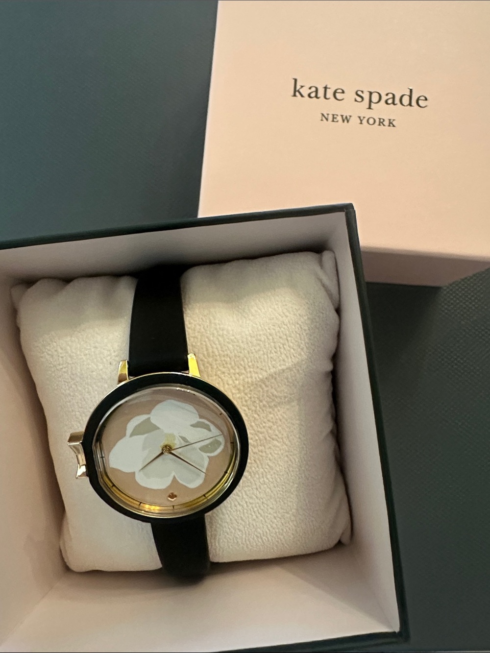 kate spade Black Strap Peach Floral Dial Watch with Gold Accents NWT